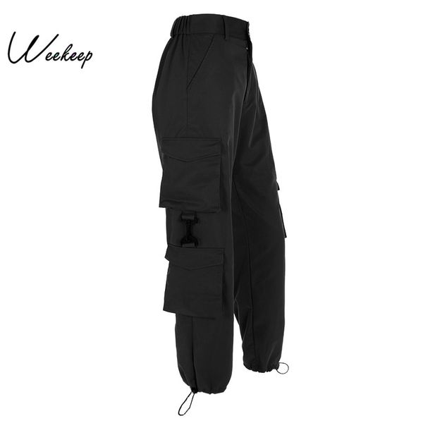 

weekeep patchwork high waist cargo pants women loose streetwear pockets pencil pants fashion ankle-length hip hop trousers women, Black;white
