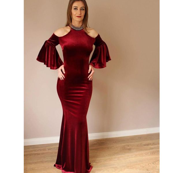 

beaded high collar long sleeves evening dresses mermaid long prom gowns maid of honor party dress, Black;red