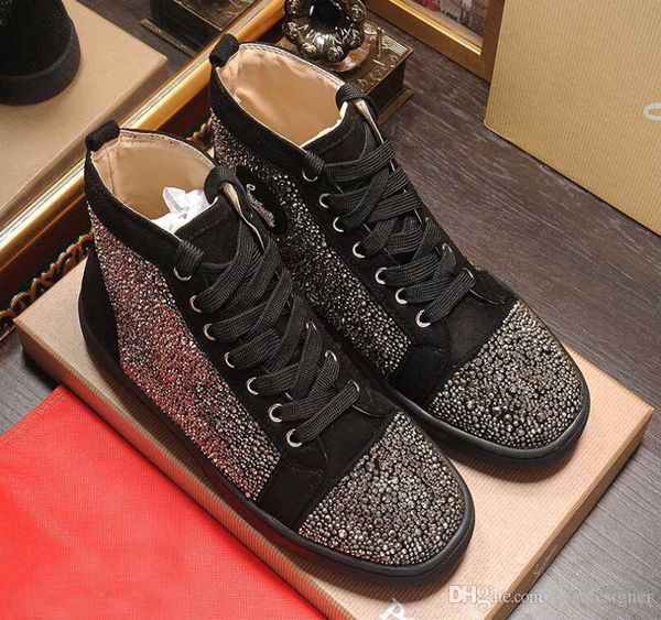 

original fashion designer mens shoes flat bottom high red shoes casual men and women rivets casual shoes size 35-46, Black