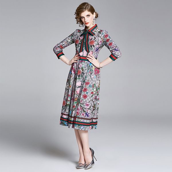 

runway womens luxury fashion floral printed long shirt dress fall spring elegant ribbon bow casual office ladies slim midi party dresses, Black;gray