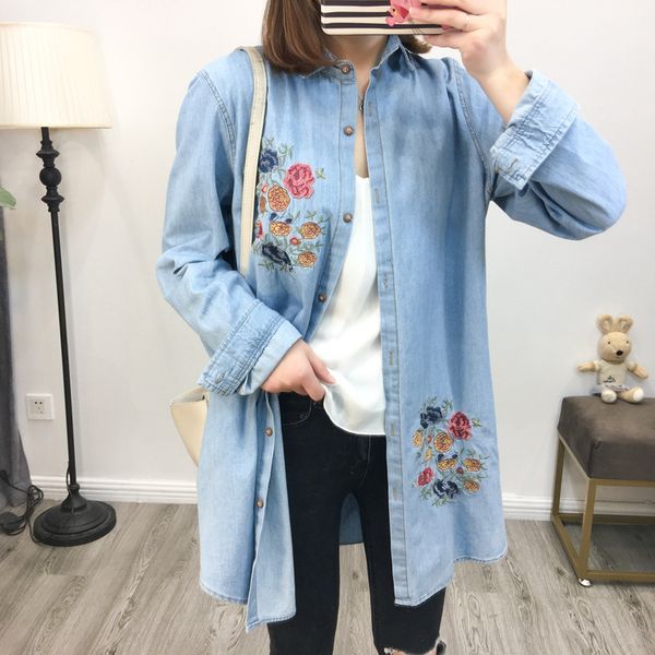 

woman flora shirt 2019 embroidered denim shirts lapel long sleeve plus size xl casual camisa jeans bordada jupe femme, White