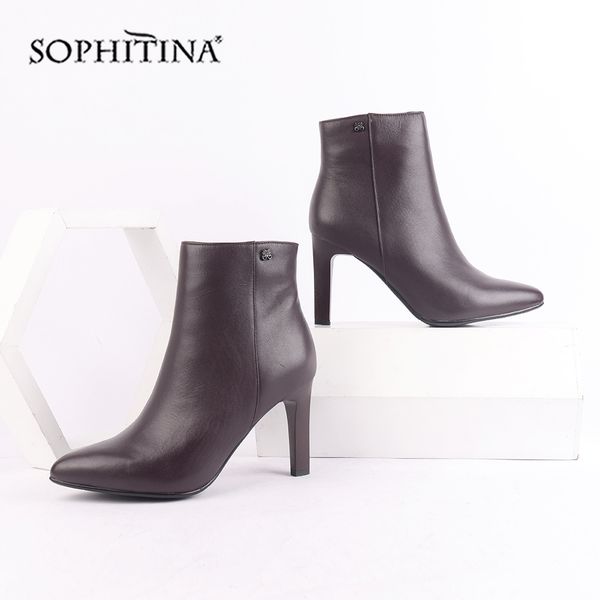 

sophitina pointed toe boots genuine leather thin heel fashion zipper solid shoes new women's ankle boots sc219, Black