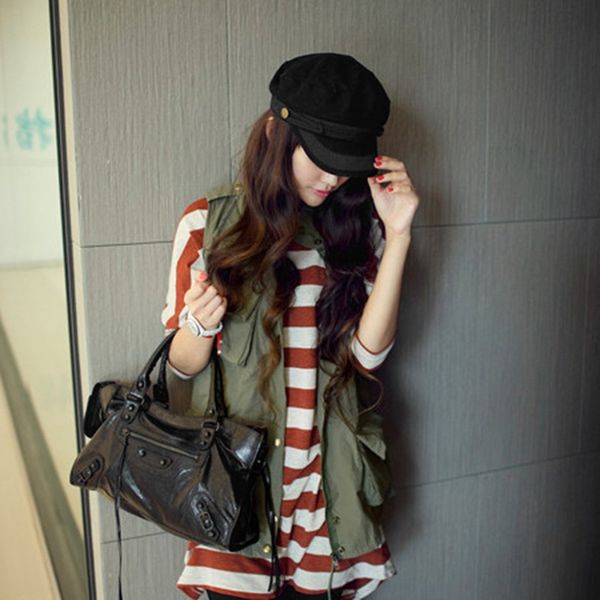 

women military beret hats sailor caps flat bone casquette militaire stylish embroidery lace decoration captain cotton naval caps, Blue;gray