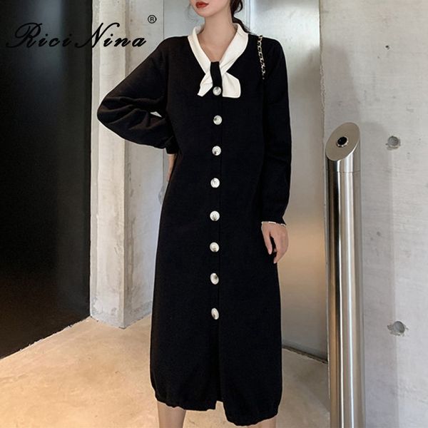 

ricinina women knitted dress bow collar long sleeve buttons split women midi dress spring casual elegant slim ladies dresses, Black;gray