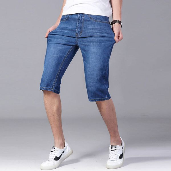 

summer fashion casual men jeans shorts blue color stretch cotton classical smart short jeans men elastic comfort denim shorts