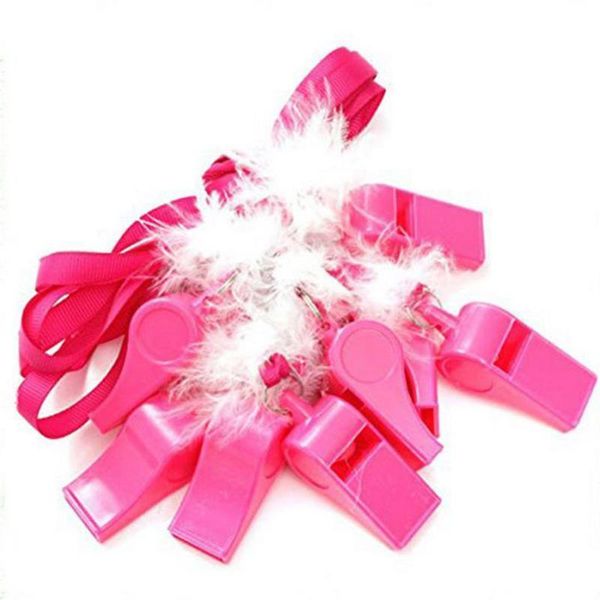 

pink plastic whistles with threaded strap hen party fashion white feathers whistling for festival decor