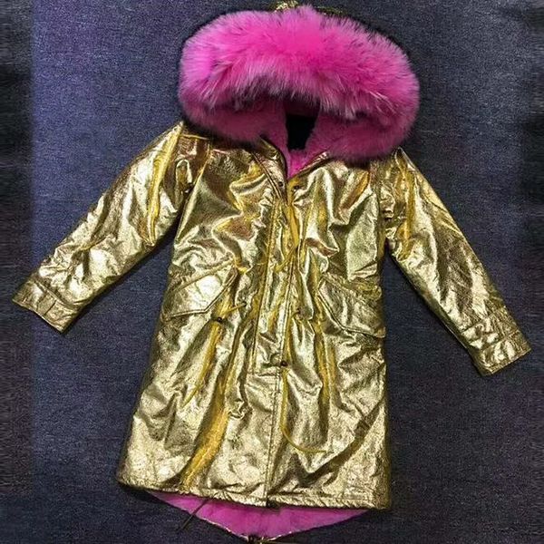 Nuova inserzione parka in tela con finiture in pelliccia di procione rosa cappotti di pelliccia da donna Meifeng fodera in pelliccia di coniglio rosa con fodera in oro lungo parka