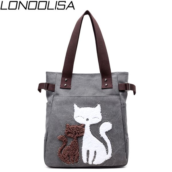 

fashion canvas women handbag cute cat appliques portable ladies hand bags literary retro shoulder bag large capacity travel bags