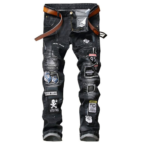 

new scratched men denim jeans with biker patchwork slim fit black jeans punk rock rap washed straight men ripped pants trousers, Blue