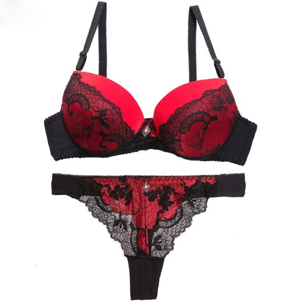 

bra set abc lace women push up non convertible straps bra sets thongs bra brief french romantic intimate underwear panty, Red;black