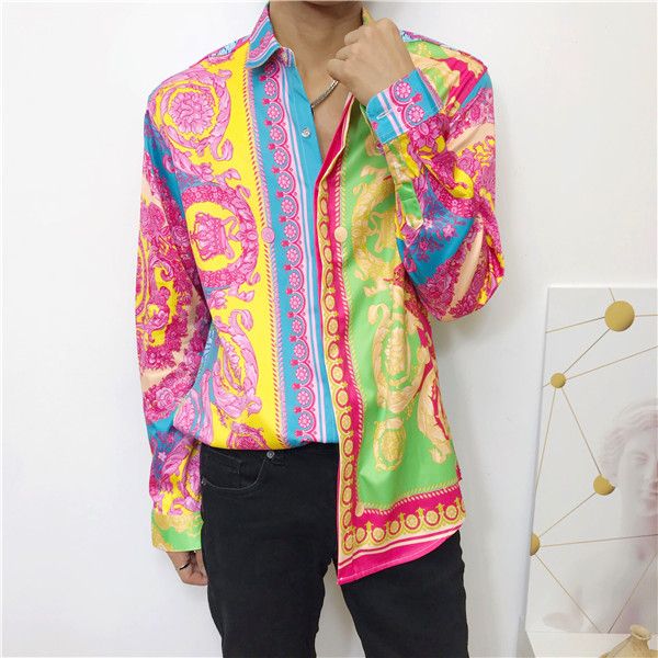 

fashion wave of men floral print luxe casual harajuku shirts 3d long sleeved printing medusa men's shirts, White;black
