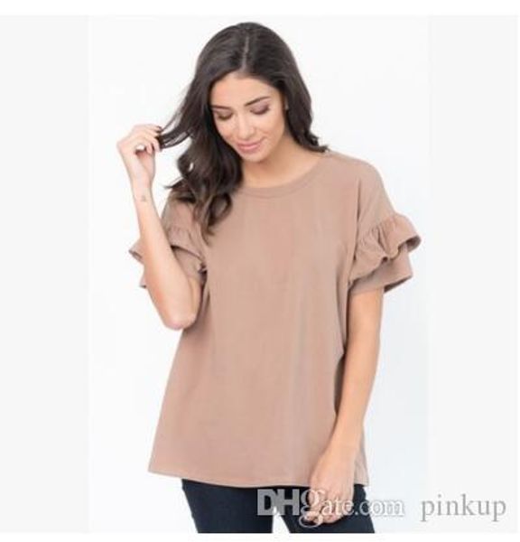 

style new round collar loose pure color t - shirt double - sleeve wooden ear lace blouses with simple undercoat, breathable and casual., White