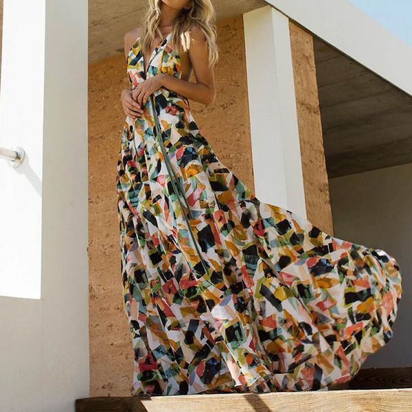 

fabulous women dress geometry block print bandage ladies dresses cold should sleeveless long dress tunic maxi vestido mujer, Black;gray