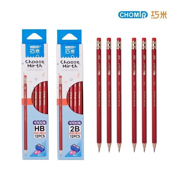 

12pcs qiao mi stationery red wooden pencils hb pencil with eraser head school office supplies stationery tools