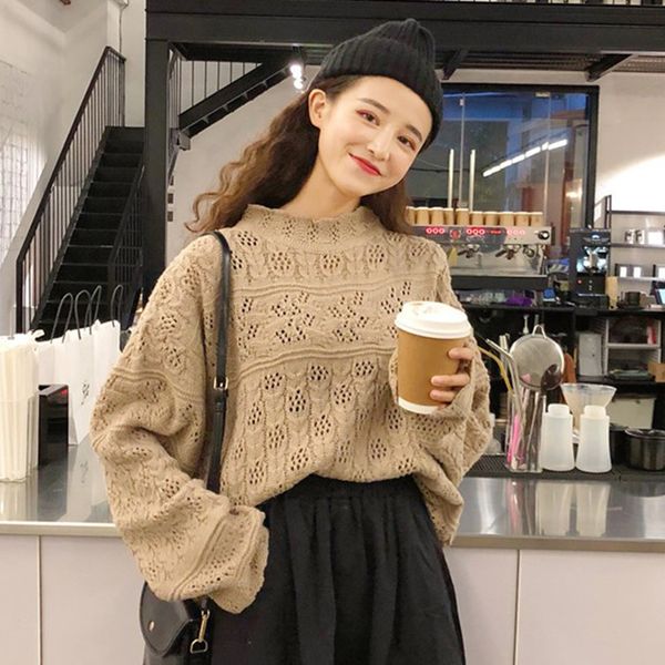 

autumn women's crocheted turtleneck pullover sweater new retro long-sleeved knitted woman loose wear casual gd092, White;black