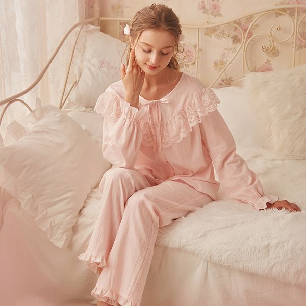 

2019 new spring princess women's pajamas long pants set cotton sleepwear home cloth pink pijamas femininos verao, Blue;gray