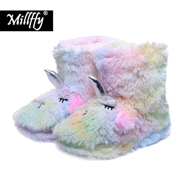

millffy winter ladies cotton comfort warm home cartoon unicorn boots indoor floor shoes parent-child kids bootie shoes, Black