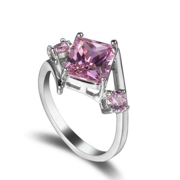 

luxury pink/green crystal cubic zircon women ring princess wedding band silver color female finger ring engagement party jewelry, Slivery;golden