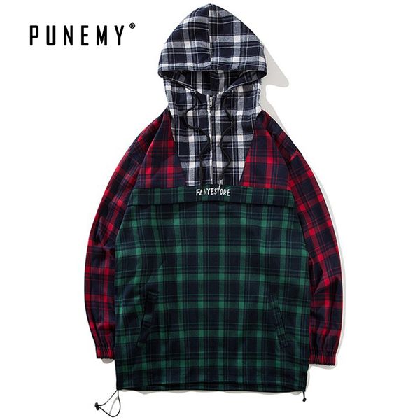 

striped plaid patchwork color block hoodies man high streetwear harajuku hoody sweatshirt pullover hooded mens hoodies, Black