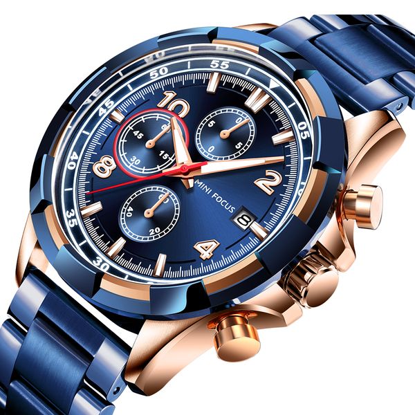 

2019 new fashion man sports watch 3d blue rose gold chrono 3 dials luxury design men stainless steel luminous wristwatch, Slivery;brown