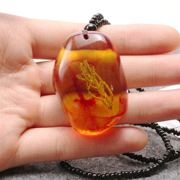 

natural stone pendant necklace resin brazilian natural botanical organic plant imitation amber necklace for women men jewelry gift wholesale, Silver