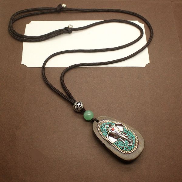 

natural sandalwood long sweater chain fortune elephant pendant necklace for men and women ganesha hindu prayer buddhist jewelry, Silver