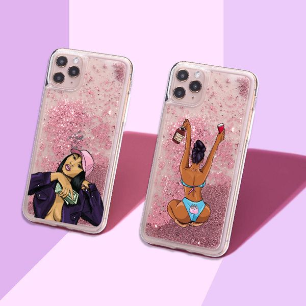 FARE SOLDI Contanti Testa Nera Ragazze Sparkle Liquid Glitter Cassa Del Telefono Fundas Cover per iPhone 11 12 Mini X XS XR Max Pro 7 7Plus 8Plus 6 Custodie