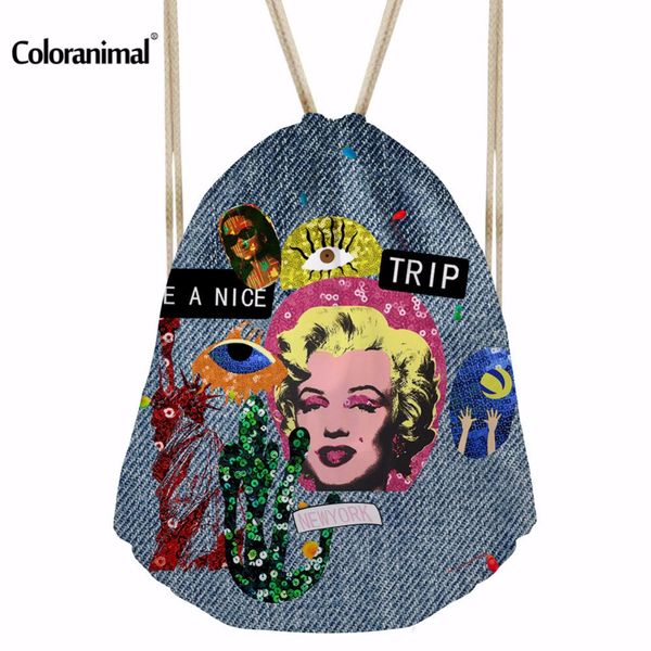 

coloranimal classic marilyn monroe character backpack for women 3d mona lisa printing drawstring bag children school bagpack bag