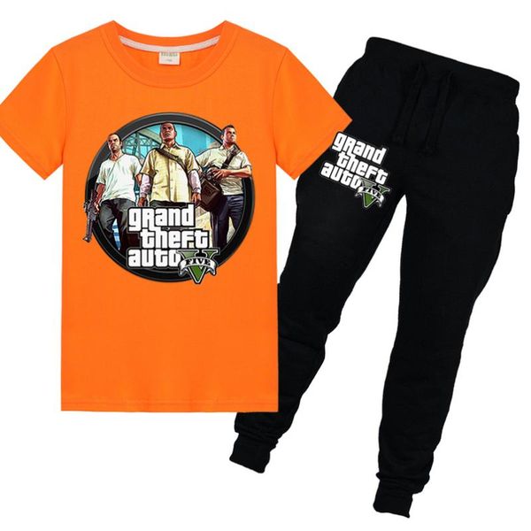 

grand theft auto v children's sets boys o-neck walker t-shirt and pants summer casual cartoon cotton gta 5 kids girls clothes, White