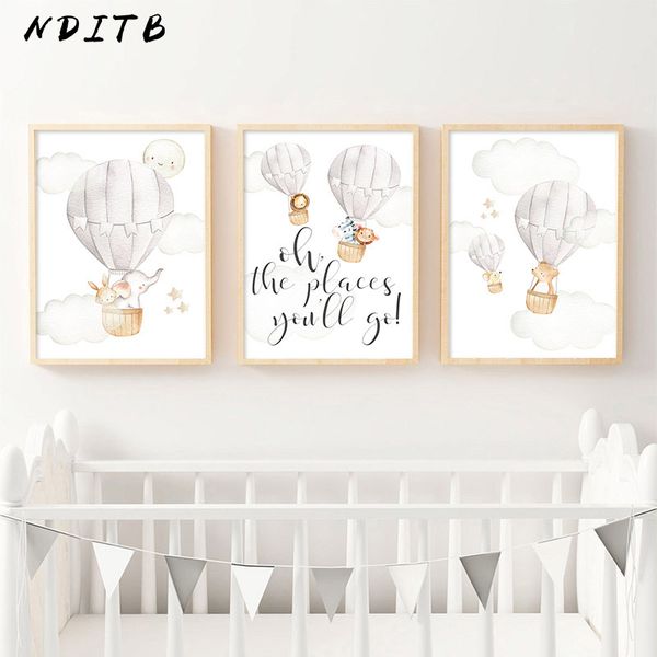 

baby nursery wall art canvas print child poster watercolor woodland animal balloon painting nordic kids room decoration picture