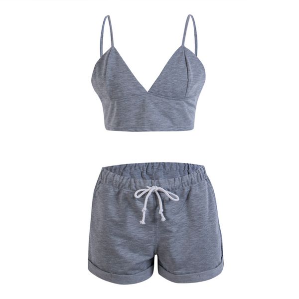 

2019 fashion trend casual women 2pcs sets sleepwear nightwear vest sleeveless crop short suit simple leisure wear outfits, White