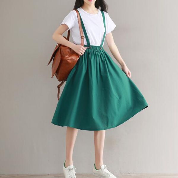 

women linen cotton long strap skirts 2020 girls waist a-line skirts vintage summer skirt faldas saia dv862, Black