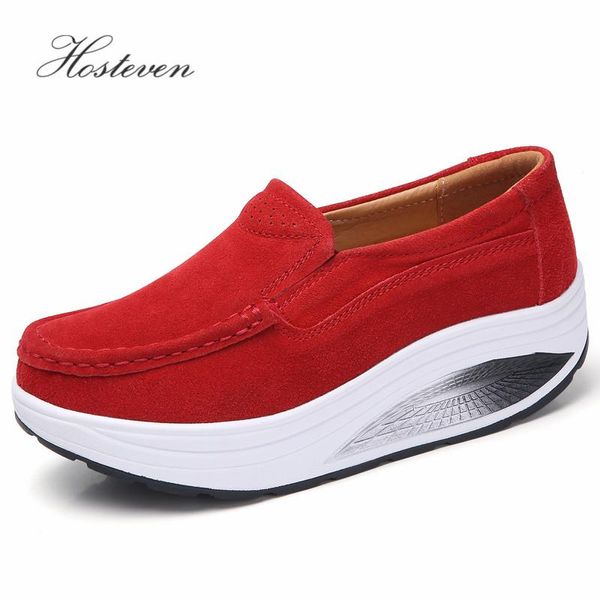 

hosteven women shoes sneaker flat platform moccasins loafers boat cow suede leather spring autumn female ladies, Black