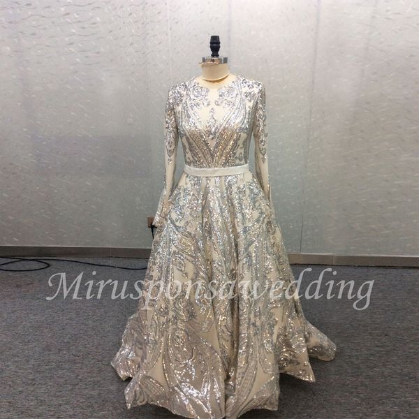 

реальные фото sequined jewel шеи серебряные платья свадебные с кружевными рукавами a-line sweep поезд аппликация зима свадебное платье vesti, White