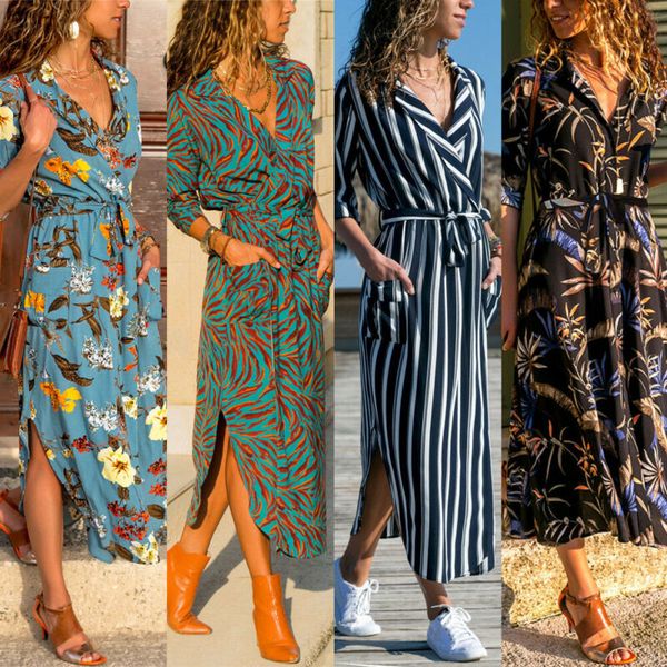 

Women Floral Print Long Shirt Dress 2020 Summer Buttons Half Sleeve Lace Up Belt Dresses Elegant Spit Beach Casual Vestidos