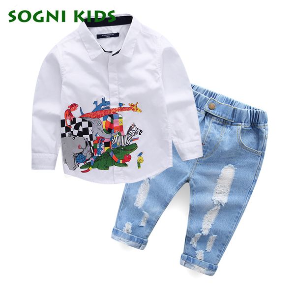 

children's boys clothing set animal pattern white t shirt+jeans clothes suit boys kids brand gentleman suit party shirt costume