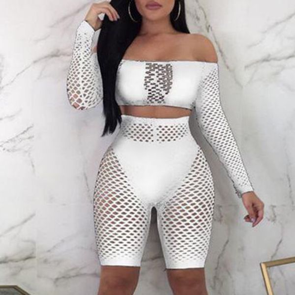 

women see through off shoulder fishnet crop bodycon shorts clubwear bandeau bikini cover up beach suit outfit, White;black