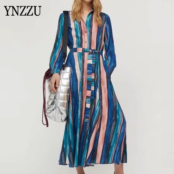 

casual turn down collar office ladies stripe shirt dress 2020 autumn buttons long sleeve maxi dress sashes elegant ynzzu yd434, Black;gray