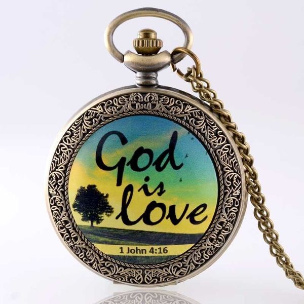 

ibeina god is love bronze and silver theme full quartz engraved fob retro pendant pocket watch chain gift, Slivery;golden
