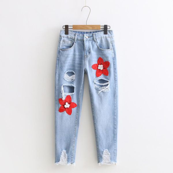 

fashion hole ripped jeans women pants cool denim pencil pants mid waist casual jeans flowers embroidery ankle length, Blue