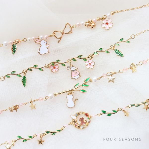 

girls xin sen of cherry blossom green leaf cat rabbit bracelet cute lolita star pearl bracelet girlfriends gifts, Black