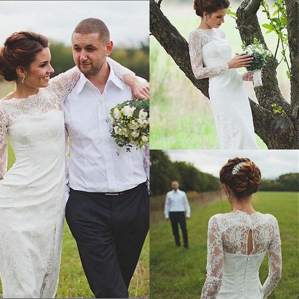 

Long Sleeve Full Lace Sheath Wedding Dress Bateau Neck Floor Length Simple Design Elegant Style 2019 Autumn Bridal Gowns Custom Size