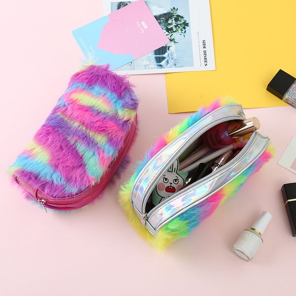 

women cosmetic bag faux fur makeup case ladies leather travel makeup organizer bag girls toiletry wash storage handbag