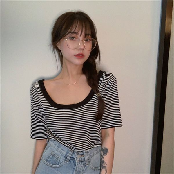 

striped t-shirt women's short sleeve knitted half sleeve fashion 2020 t-shirt nursing care loose care machine u-neck clavicle top, White