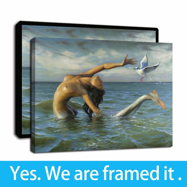 

framed artwork ocean nude beautiful mermaid and pigeon oil paintings print on canvas wall art paintings poster for home decor