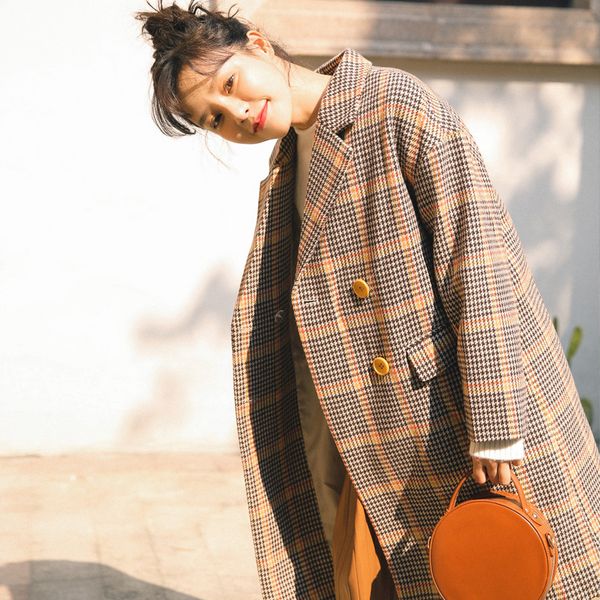 

fall and winter new style overcoat female woolen coat double breasted plaid turn-down collar vintage women long sleeve, Black