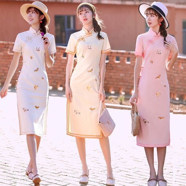 

хлопок китайский стиль улучшение cheongsam платья бабочка вышивка элегантные молодые девушки рукава ежедневно qipao vestidos s-2xl, Red