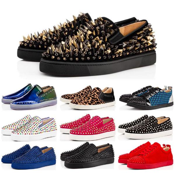 

new fashion designer brand studded spikes flats shoes red bottoms shoe luxury men women party lovers genuine leather sneakers size 36-45, Black