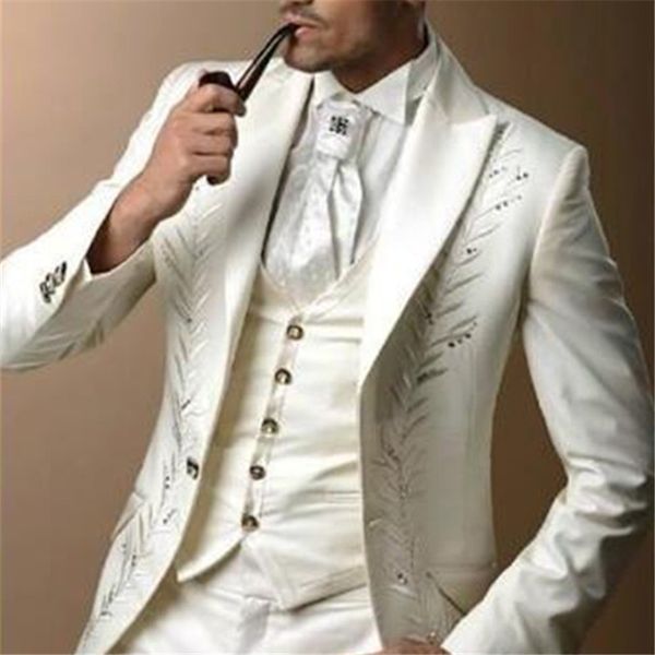 

2020 custome homme ivory embroidery diamond men suit 3pieces(jacket+pants+vest) formal italian slim fit tuxedo men blazer, White;black