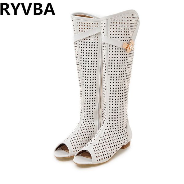 

ryvba woman 2019 buckle fashion cut outs summer thigh high rain for women knee high boots shoes white sandals sandalias mujer, Black